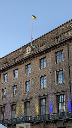 Ukraine flag flying above the Guildhall