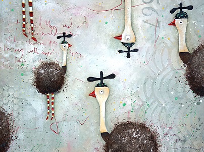Clare McEwan - Ostriches in propeller hats