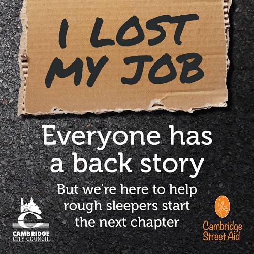 Cardboard sign reads "I lost my job". Poster states 'Everyone has a back story, but we're here to help rough sleepers start the next chapter