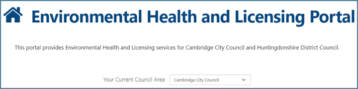 The ‘council area’ prompt on the environmental health and licensing portal homepage