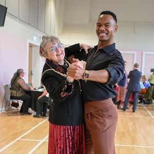 The Mayor of Cambridge, Cllr Jenny Gawthrope Wood dancing with Johannes Radebe