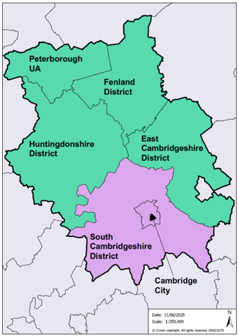 Option B showing a northern unitary including Peterborough, Fenland, Huntingdonshire and East Cambridgeshire, and a southern unitary including Cambridge and South Cambridgeshire