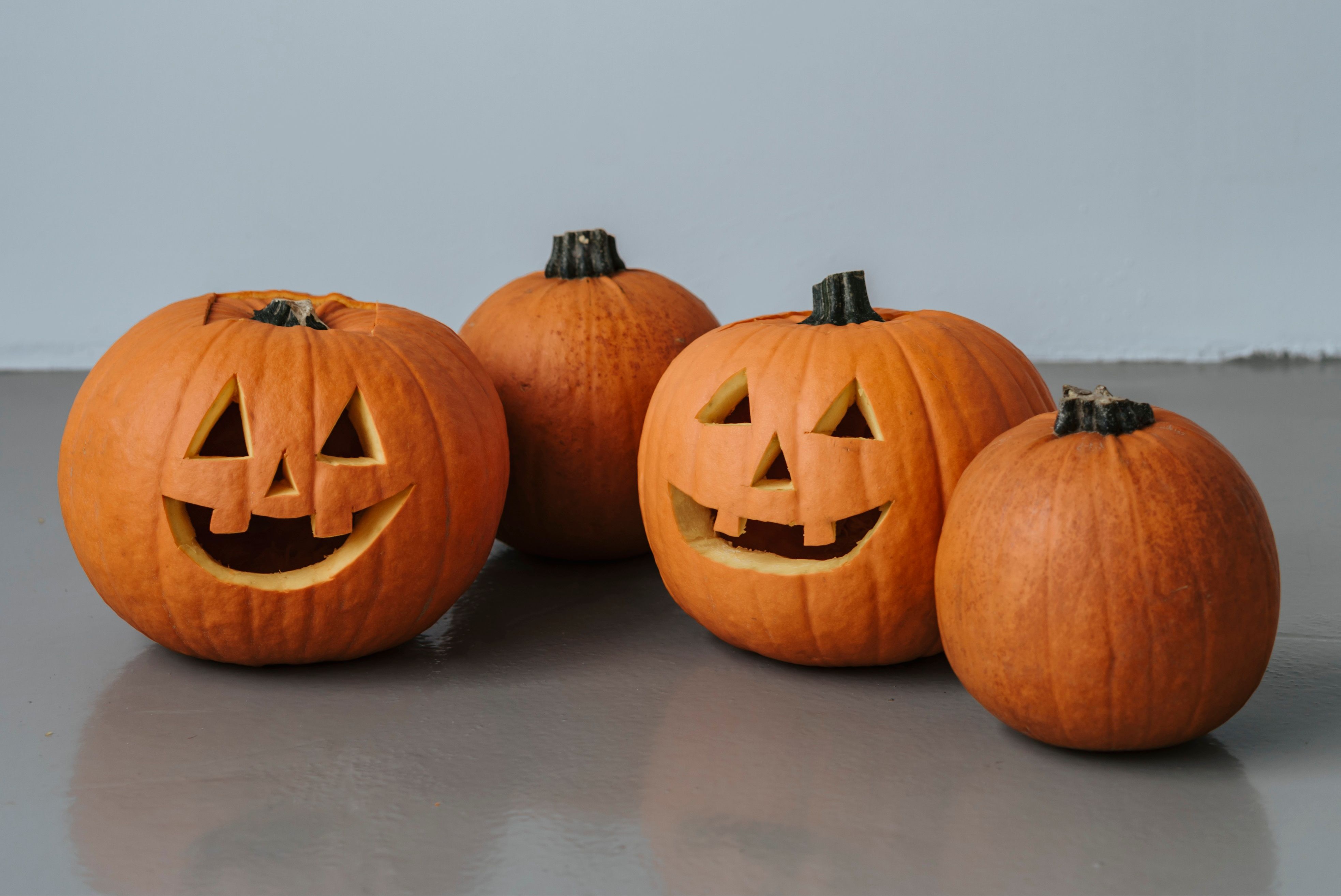 Four pumpkins, two of them carved with faces for Halloween
