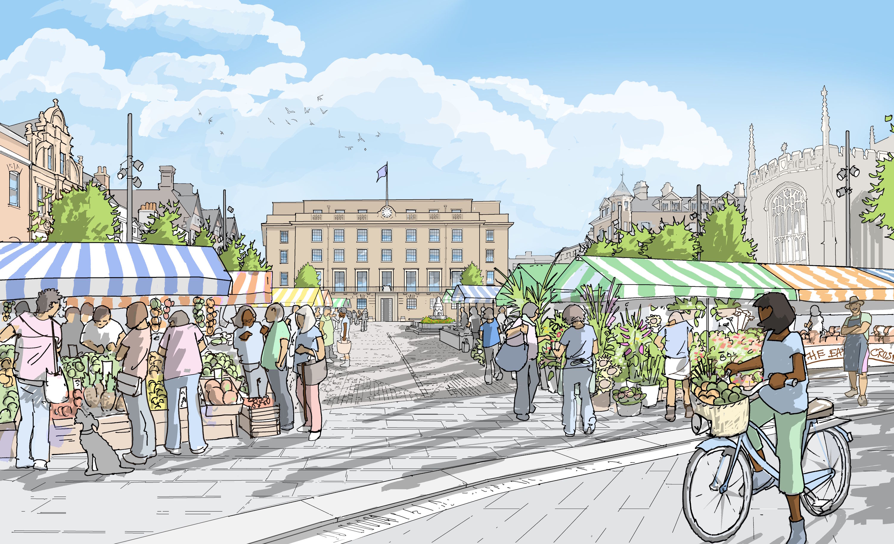Illustrated view of the market square with a view of the Guildhall in the background