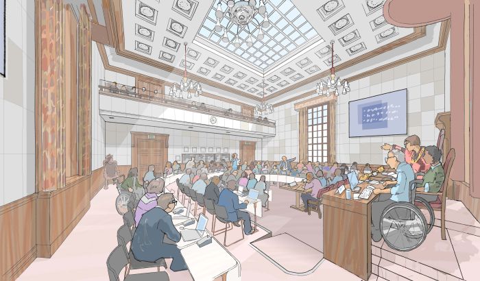 Illustration of the council chamber made accessible and with furniture allowing flexibility in the space