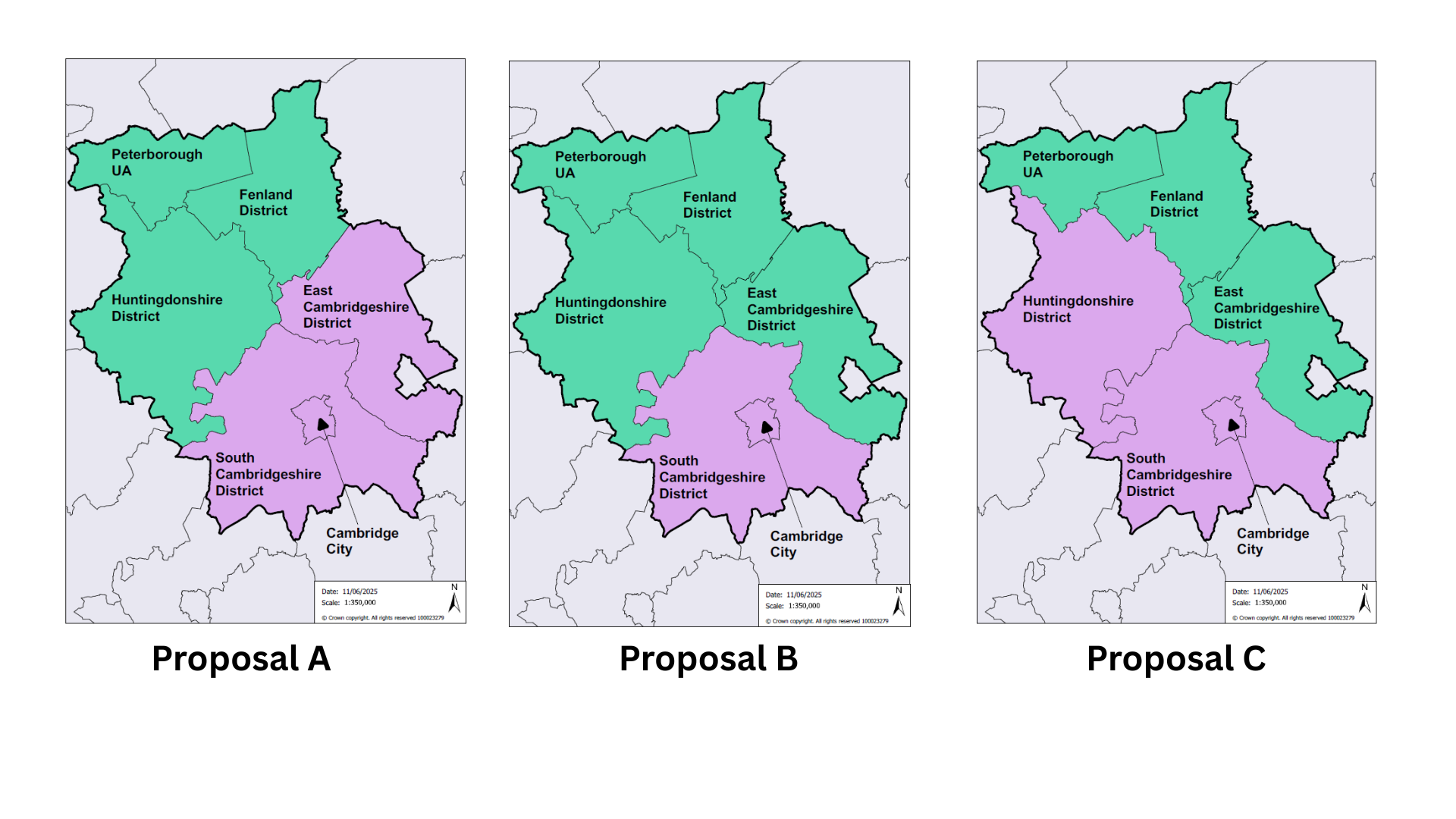 Maps showing the three options