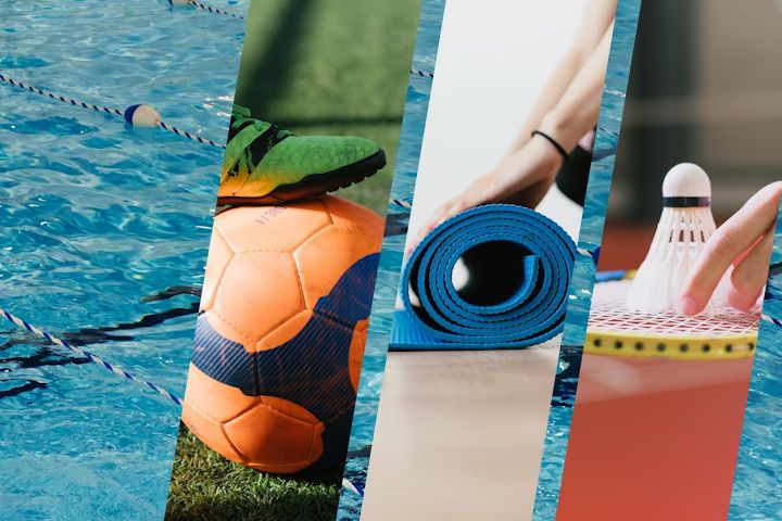 A football, yoga mat and shuttcock superimposed over a swimming pool.