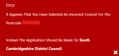 Error message warning the user they have selected the wrong council